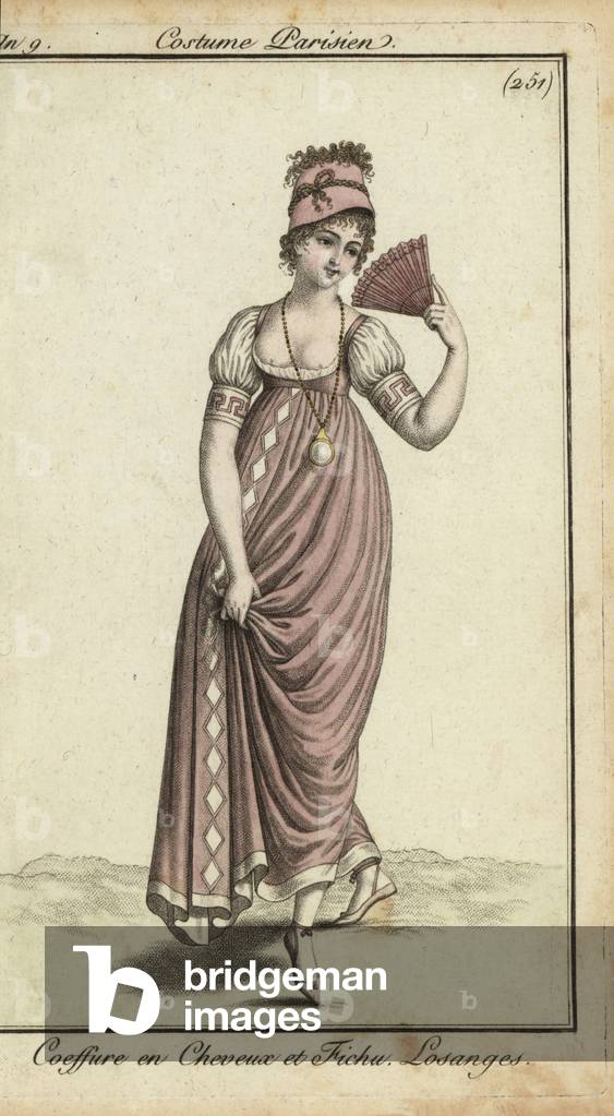 Fashionable merveilleuse with fan, 1800 (handcoloured copperplate engraving)