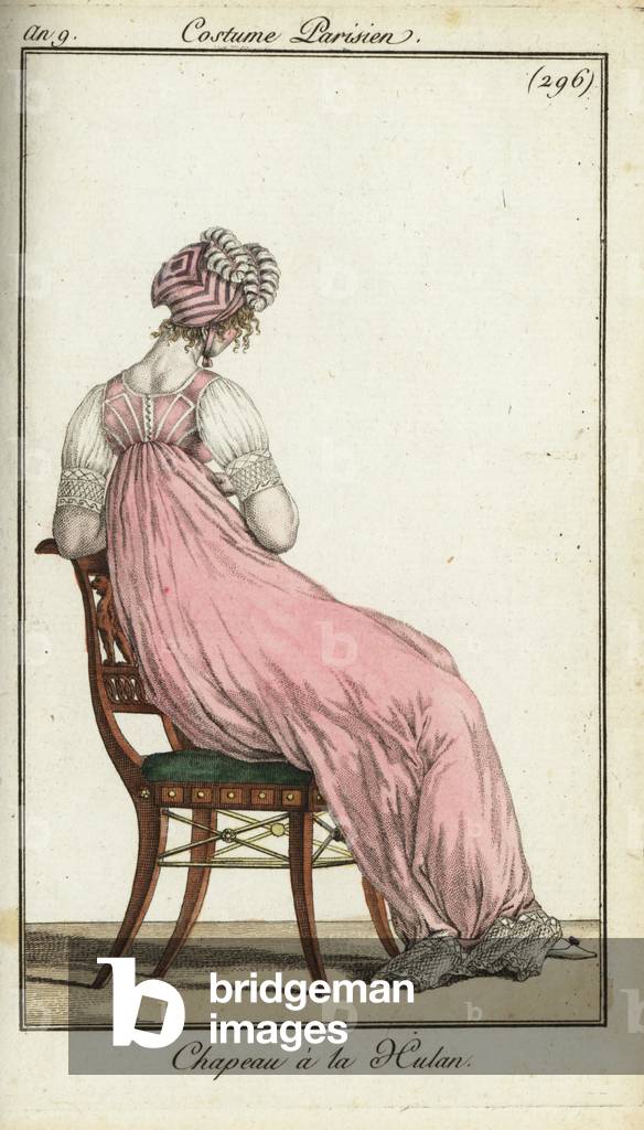 Rear view of fashionable woman in an Uhlan cap, 1801 (handcoloured copperplate engraving)