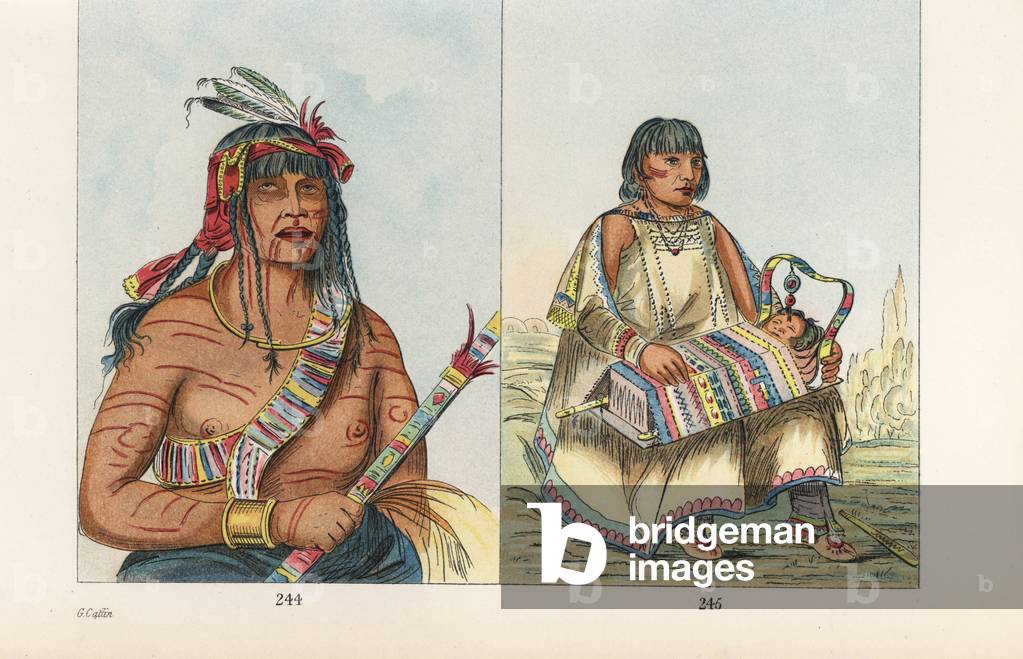 Chippewa warrior Ot-ta-wa, Otaway with his pipe 244 and Chippewa woman Ju-ah-kis-gaw with child in cradleboard 245. The baby's umbilical cord (ni-ahkust-ahg) hangs above its face for supernatural protection. Handcoloured lithograph from George Catlin's Manners, Customs and Condition of the North American Indians, London, 1841.