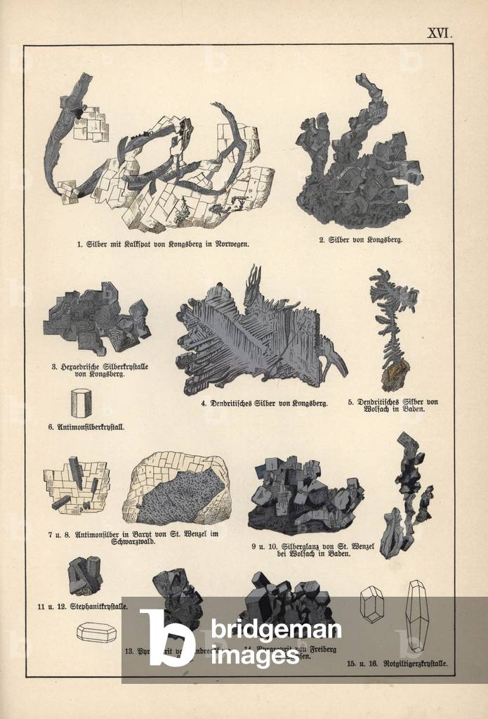 Precious metals (silver with calcite, silver with kongsbergite, hexahedric silver crystal, dendritic silver, antimony silver, argentite and pyrargyrite) - Chromolithography of Mineralogy by Gustav Adolph Kengott (1818-1897), excerpt from Natural History by Gotthilf Heinrich von Schubert (1780-1860), 1880-1860), 1880-1860 86 - Precious metals including silver with calcite, silver with kongsbergite, hexahedral silver crystal, dendritic silver, antimony silver, argentite and pyrargyrite - Chromolithograph from Dr. Aldolph Kenngott's “” Mineralogy”” section in Gotthilf Heinrich von Schubert's “” Naturgeschichte,”” Schreiber, Munich, 1886