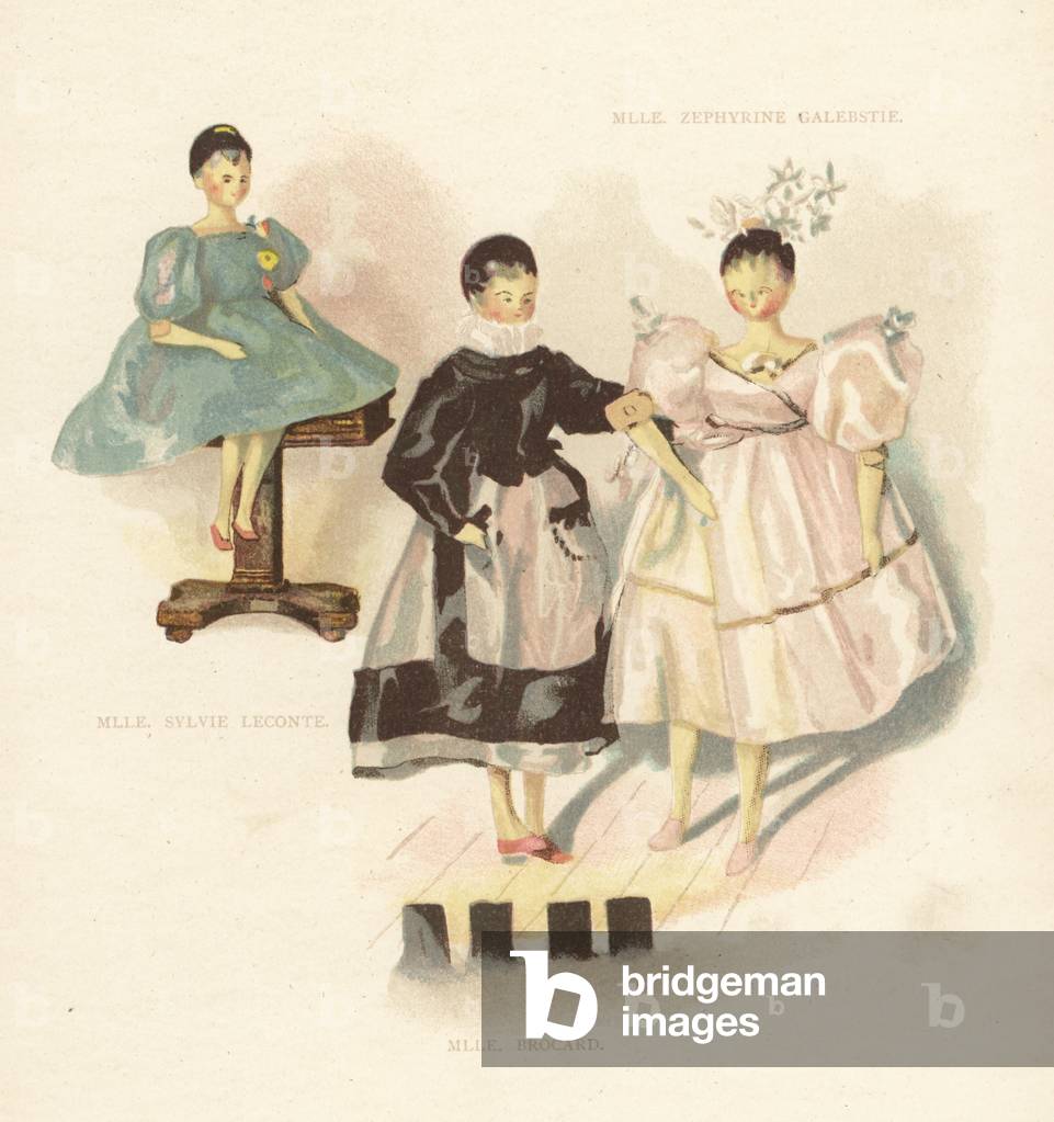 Dolls of ballet dancers Mlle. Sylvie Leconte, Mlle. Brocard and Mlle. Zephyrine Galebstie. Wooden dolls dressed by the young Princess Victoria. Color plate after an illustration by Alan Wright from Frances H. Low’s Queen Victoria’s Dolls, George Newness, London, 1894.
