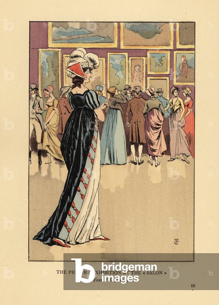 Woman in fashionable dress at the Picture Exhibition at the Paris Salon, Academie des Beaux-Arts, Year VIII, 1800. Handcoloured lithograph by R.V. after an illustration by Francois Courboin from Octave Uzanne’s Fashion in Paris, William Heinemann, London, 1898.