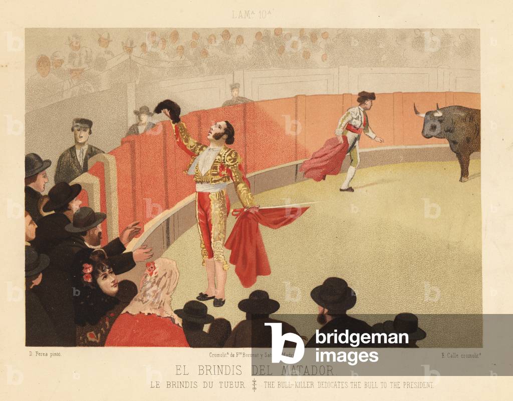 Matador dedicating the killed bull's tail to the president. Chromolithograph by E. Calle after an illustration by Daniel Perea from Bullfight, Corrida del Toros, Madrid, Boronat & Satorre, 1894.