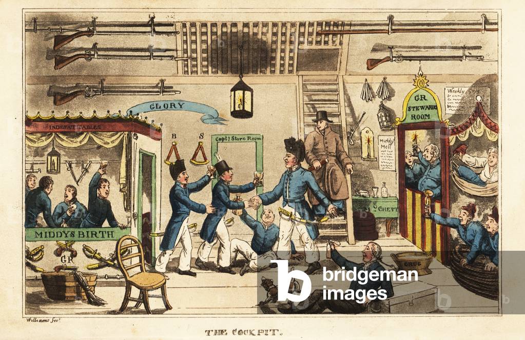 Johnny Newcome drinking grog in the cockpit with other middys (midshipmen), HMS Victory