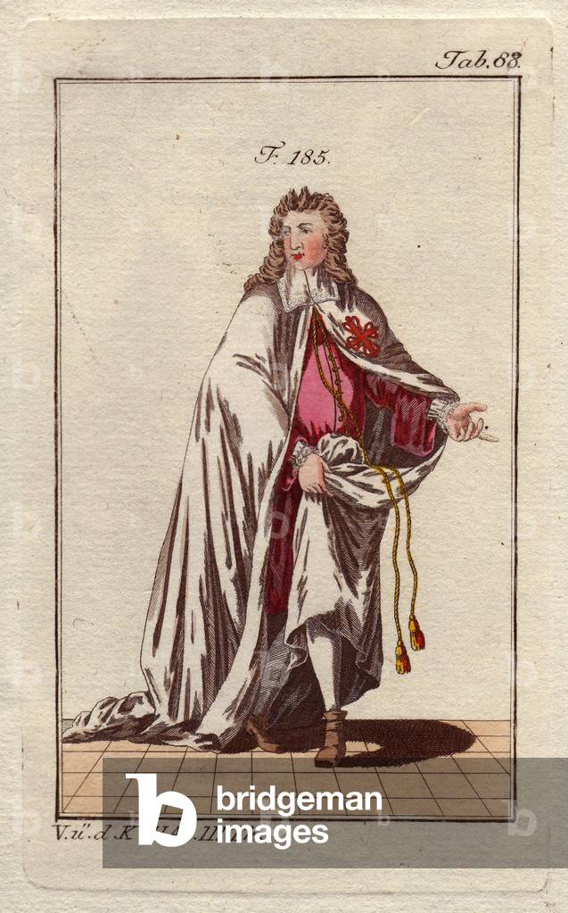 Knight of the Order of Calavatra in ceremonial costume. Order founded in Castile in the 12th century, as a military branch of the Cistercian order. The order was named after the Arabic name of a castle taken from Muslims in 1147. In the Cistercian order, founded in 1098, there were already many knights or sons of knights, and in Calatrava, the monks became knights. Hand-coloured copper engraving, in “Images historiques des costumes des principaux peuples de l'Antiquite et du Middle Ages” by Robert Von Spalart, published in 1800.