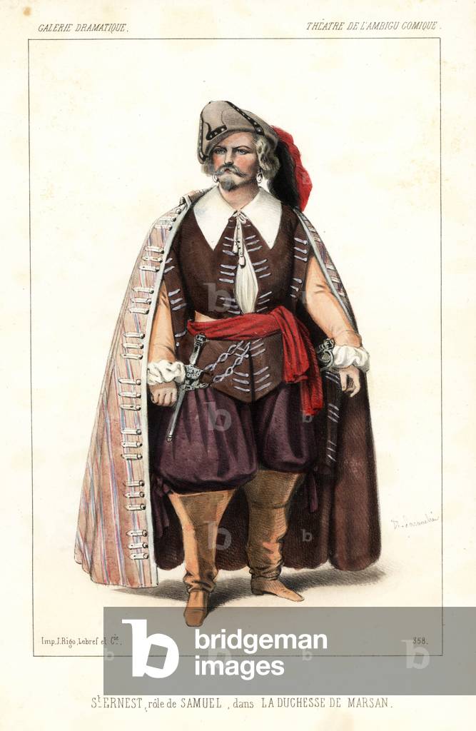 French actor Louis Nicolas Saint-Ernest as Samuel in La Duchesse de Marsan by Dennery, Theatre de l'Ambigu Comique, 1847. Handcoloured lithograph after an illustration by Alexandre Lacauchie from Victor Dollet's Galerie Dramatique: Costumes des Theatres de Paris, Paris, 1847.