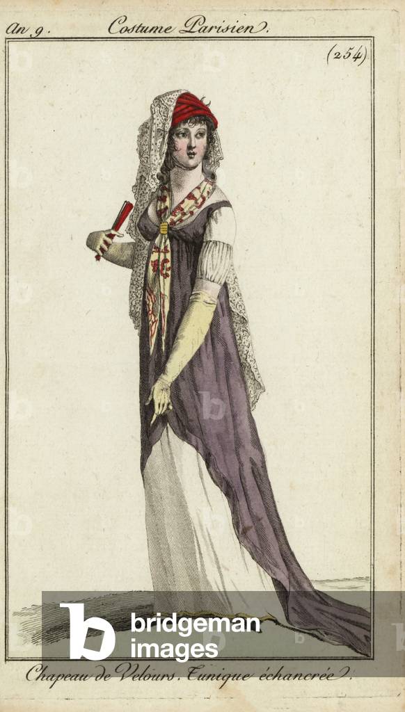 Fashionable woman with a fan, 1800 (handcoloured copperplate engraving)