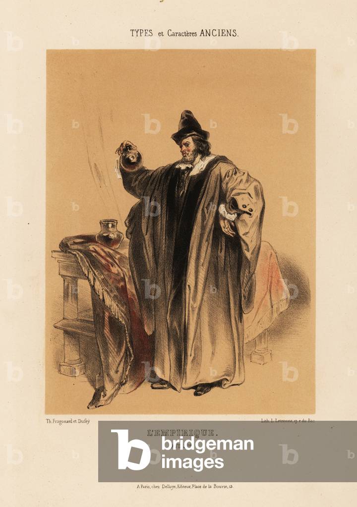 Empirical physician, l’Empirique, 17th century.. Doctor in hat, robes and coat examining a flask of liquid. Chromolithograph by Louis Rene Letronne after an illustration by Th. Fragonard et Dufey from Le Keepsake Francais with 12 plates from A. Mazuy’s Types et Caracteres Anciens, d’apres des Documents Peints ou Ecrits, chez Delloye, Paris, 1841.