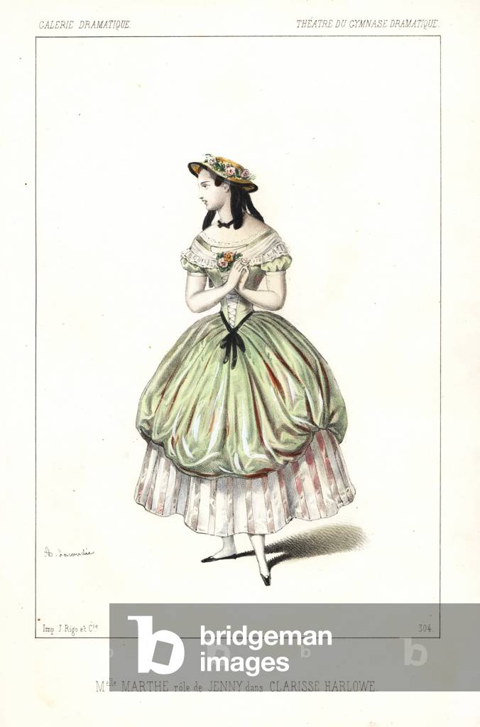 Miss Marthe Letessier as Jenny in Clarisse Harlowe by Dumanoir and Guillard, Theatre du Gymnasium Dramatique, 1846. Handcoloured lithograph after an illustration by Alexandre Lacauchie from Victor Dollet's Galerie Dramatique: Costumes des Theatres de Paris, Paris, 1846.