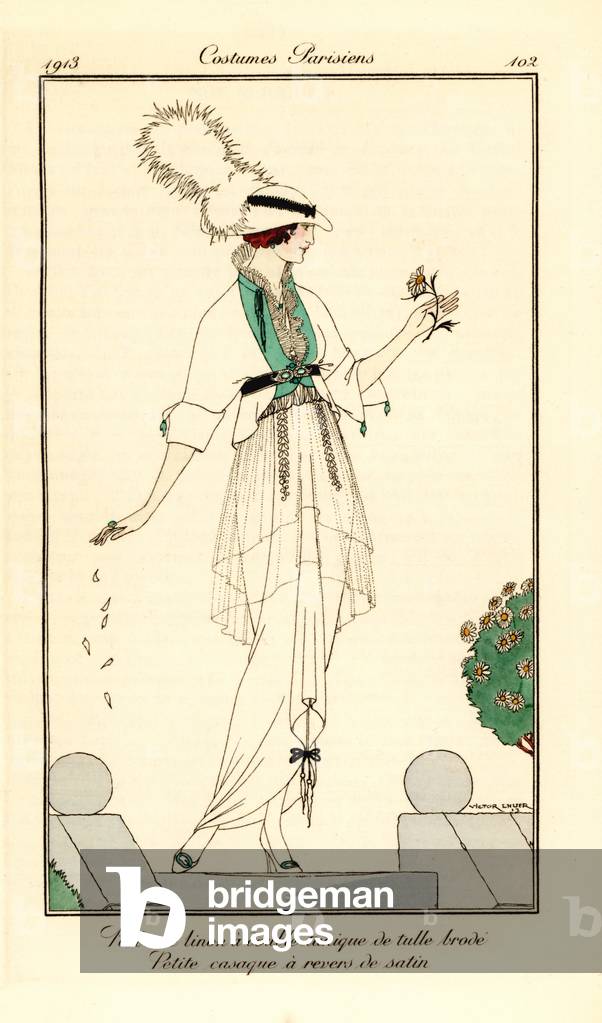Woman in linen dress with double tunic in embroidered tulle, little casaque jacket lined with satin. Robe de linon a double tunique de tulle brode, petite casaque a revers de satin. Handcoloured pochoir (stencil) etching after an illustration by Victor Lhuer from Tommaso Antongini’s Journal des Dames et des Modes, Aux Bureaux du Journal des Dames, Paris, 1913.