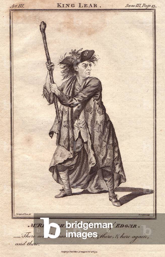 Portrait of actor Samuel Reddish (1735-1785) in the role of Edgar in William Shakespeare's play King Lear (1564-1616). Drawing by Parkinson, engraving published in “” Bell's Shakespeare””, John Bell, 1775, London, England.