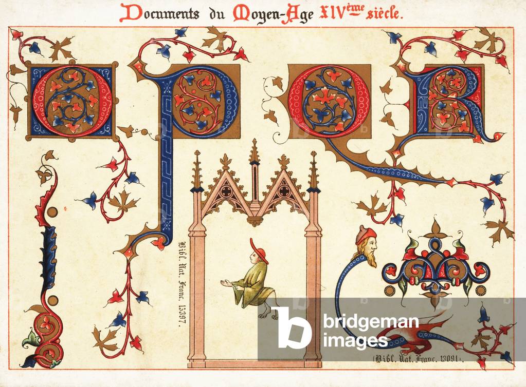 Initial letters from Jean de Sy's illuminated Bible, 14th centur, 1897 (Chromolithograph)