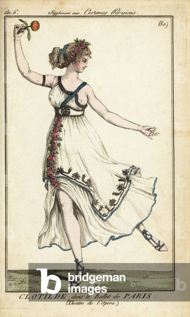 Mlle. Clotilde in a daring Grecian ballet costume, 1798 (handcoloured copperplate engraving)