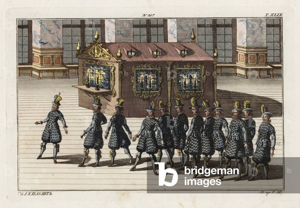 Twelve knights dancing in front of a candle-lit house inside a grand hall. Part of the celebration of the birth of Freiderich. Taken from Delineation und Abbildung aller furstlichen Aufzug und Ritterspielen by Esaias von Hulsen, 1617. Handcoloured copperplate engraving from Robert von Spalart's Historical Picture of the Costumes of the Principal People of Antiquity and of the Middle Ages.