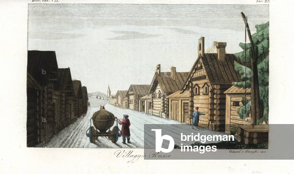 Russian village, 18th century, a single street of traditional loghouses or Izba and a church. Handcoloured copperplate engraving by Giarre and Stanghi from Giulio Ferrario's Costumes Ancient and Modern of the Peoples of the World, 1847.