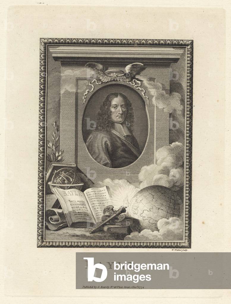 Pierre Bayle, English philosopher and writer. Copperplate engraving by William Walker from The Copper Plate Magazine or Monthly Treasure, G. Kearsley, London, 1778.