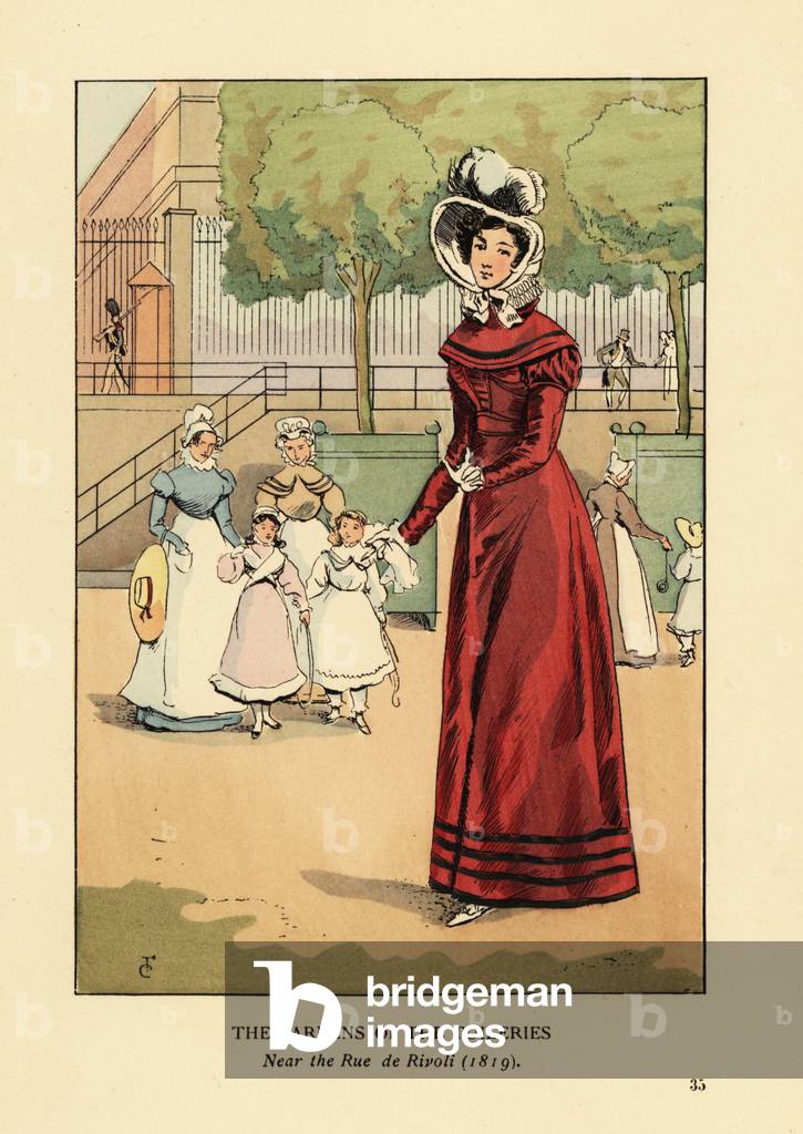 Woman strolling in the Gardens of the Tuileries, near the rue de Rivoli, 1819. She wears a bonnet, lace collar and satin walking dress. In the background, children with hoops and yo-yos and their nannies. Handcoloured lithograph by R.V. after an illustration by Francois Courboin from Octave Uzanne’s Fashion in Paris, William Heinemann, London, 1898.