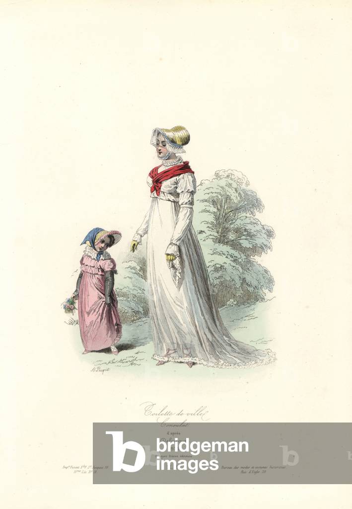Woman and child in town clothes. Consulate era, 1803. Handcoloured steel engraving by Hippolyte Pauquet after Louis-Philibert Debucourt, from the Pauquet Brothers' “” Modes et Costumes Historique”” (Historical Fashions and Costumes), Paris, 1865. Hippolyte (b. 1797) and Polydor Pauquet (b. 1799) ran a successful publishing house in Paris in the 19th century, specializing in illustrated books on costume, birds, butterflies, anatomy and natural history.
