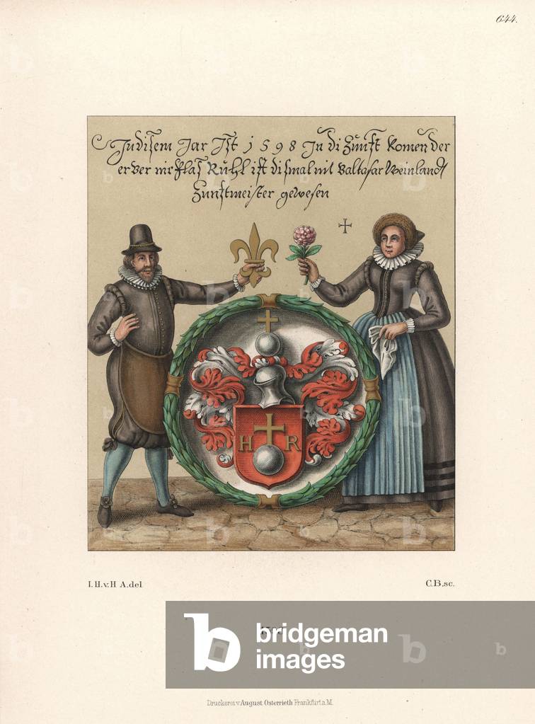 City burgher and ironsmith Niklas Ruhl and his wife standing beside his coat of arms. From an Aschaffenburg Guild Book, 1598. He holds a golden lily, and she a rose. Chromolithograph from Hefner-Alteneck's Costumes, Artworks and Appliances from the Middle Ages to the 17th Century, Frankfurt, 1889. Illustration by Dr. Jakob Heinrich von Hefner-Alteneck, lithographed by C. B. Dr. Hefner-Alteneck (1811-1903) was a German museum curator, archaeologist, art historian, illustrator and etcher.