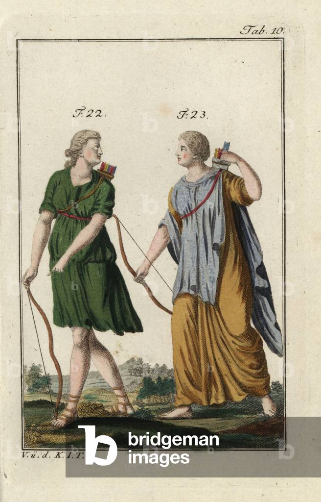Diana the hunter with bow and arrow, and Dido (Didon) in Phrygian dress. Handcolored copperplate engraving from Robert von Spalart's “” Historical Picture of the Costumes of the Principal People of Antiquity and of the Middle Ages”” (1796).