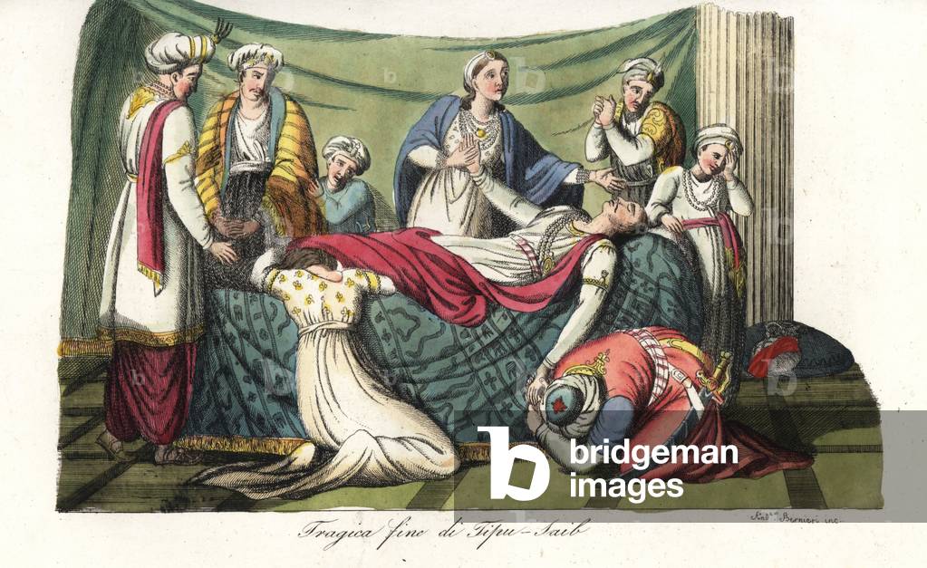 Tragic death of Tipu Sultan, or Tipu Sahib, the Tiger of Mysore, 1799. From Schiavonetti's painting The Body of Tipu Sultan Recognized by his Family. Handcoloured copperplate engraving by Andrea Bernieri from Giulio Ferrario's Ancient and Modern Costumes of all the Peoples of the World, Florence, Italy, 1844.
