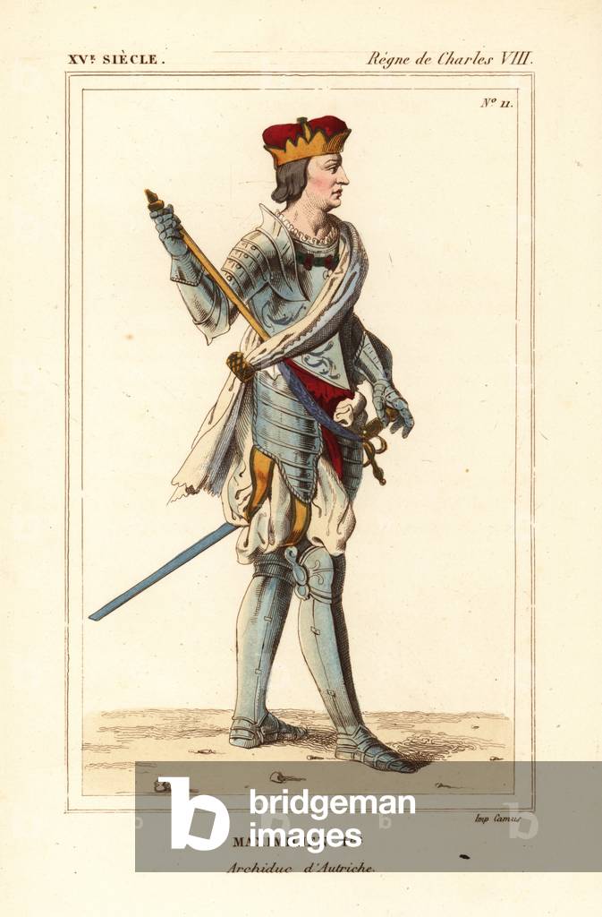Maximilian I, Holy Roman Emperor of Germany, Archduke of Australia 1459-1519. Handcoloured lithograph from Le Bibliophile Jacob aka Paul Lacroix's Costumes Historique de la France (Historical Costumes of France), Administration de Librairie, Paris, 1852.