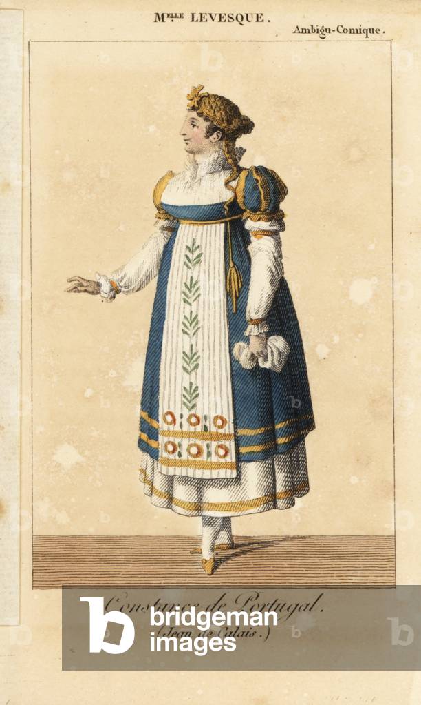 English comic actress Miss Marie Jacqueline Levesque (1774-1825) as Constance du Portugal in Jean de Calais at the Ambigu Comique. Handcoloured copperplate engraving from Charles Malo's Almanach des Spectacles by K. Y. Z, Chez Louis Janet, Paris, 1820.