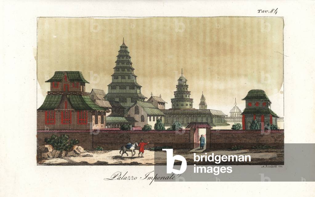 Imperial Palace, Tokyo, Japan, 1820s. Handcoloured copperplate engraving by Andrea Bernieri from Giulio Ferrario's Costumes Antique and Modern of All Peoples (Il Costume Antico e Moderno di Tutti i i Popoli), Florence, 1842.
