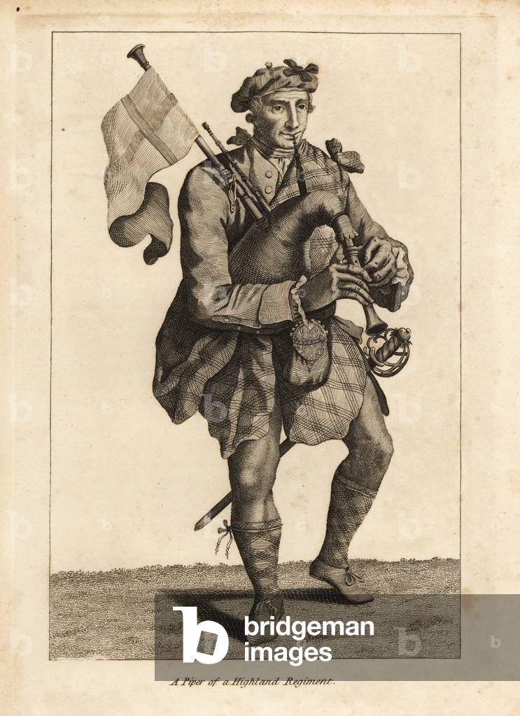 Piper of a Highland Regiment, 17th century, in kilt, hose, jacket and bonnet, with bagpipes, sporran and claymore