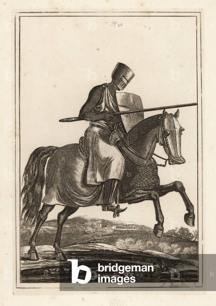 Charging knight of the 12th and 13th century in chainmail hawberk, flat helmet, lance, heater shield, shin armour jambesons, war saddle