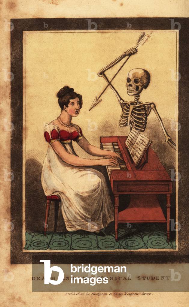 Skeleton of death aiming a dart at a woman playing the piano.