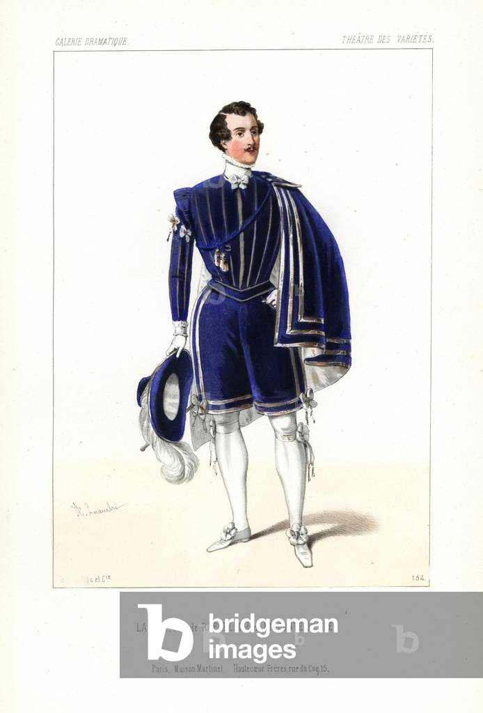 Pierre-Cheri Lafont in the role of Rafaello in A Fairy Tale (Un Conte de Fee) by Leuven/Lherie, Theatre des Varietes, 1845. Handcoloured lithograph after an illustration by Alexandre Lacauchie from Victor Dollet's Galerie Dramatique: Costumes des Theatres de Paris, Paris, 1845.