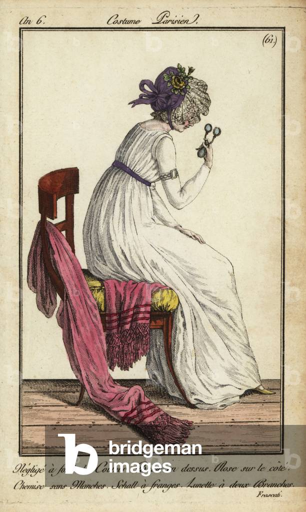 Fashionable woman seen at Cafe Frascati, 1798 (handcoloured copperplate engraving)
