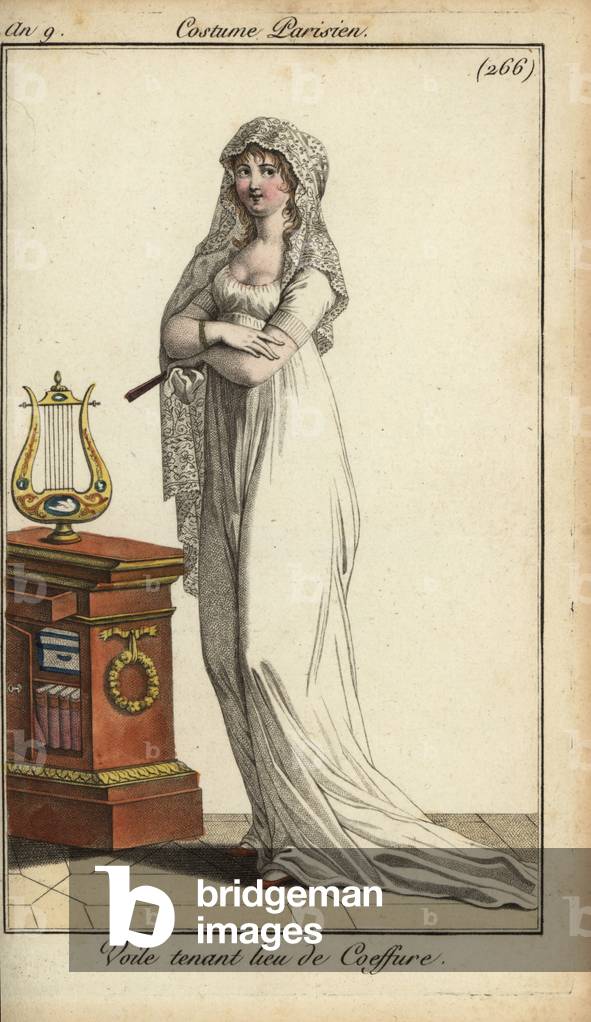 Fashionable woman with bookcase and lyre, 1800 (handcoloured copperplate engraving)