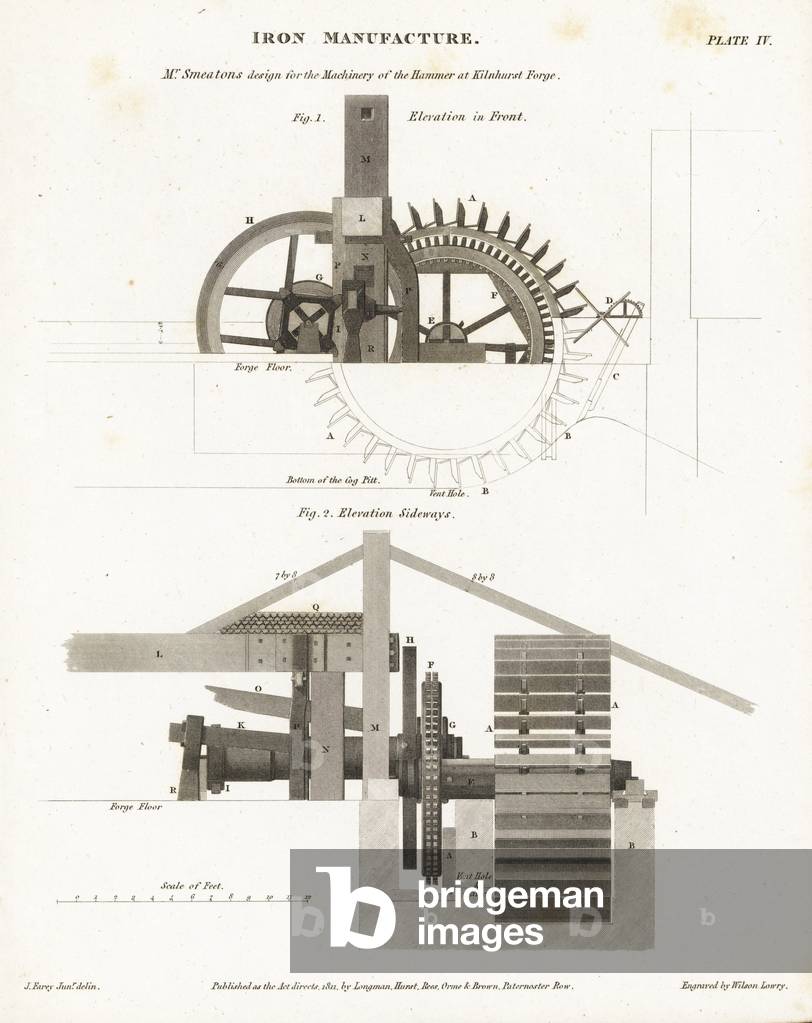 John Smeaton's design for the hammer mill at Kilnhurst Forge, Rotherham, 1765. Copperplate engraving by Wilson Lowry after a drawing by John Farey Jr. from Abraham Rees' Cyclopedia or Universal Dictionary of Arts, Sciences and Literature, Longman, Hurst, Rees, Orme and Brown, London, 1812.