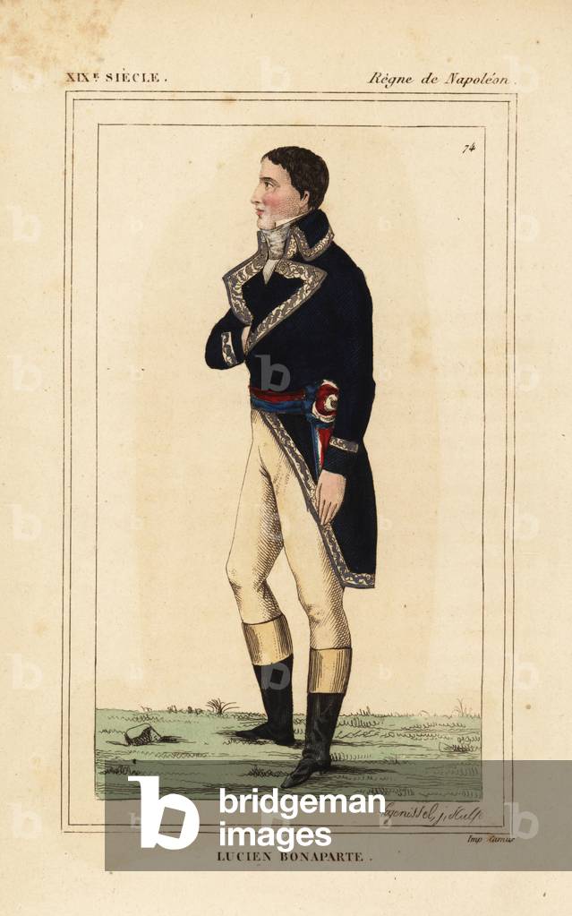 Lucien Bonaparte, Prince of Canino and Musignano, younger brother of Napoleon 1775-1840. Handcoloured lithograph by Legenissel from Le Bibliophile Jacob aka Paul Lacroix's Costumes Historique de la France (Historical Costumes of France), Administration de Librairie, Paris, 1852.