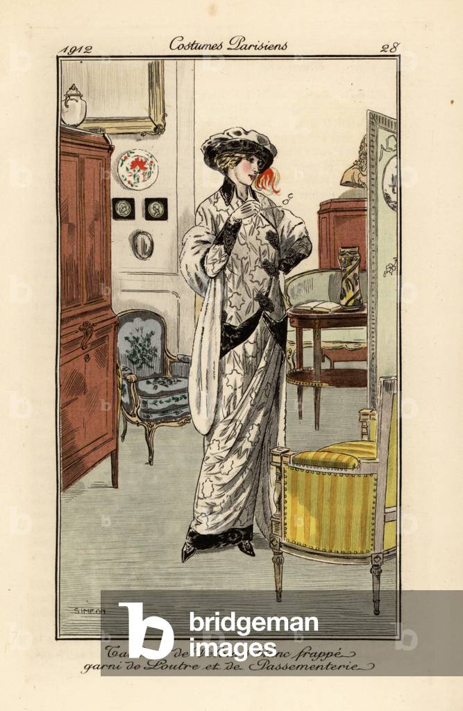 Woman in suit of white velvet decorated with otter fur and trim, 1912 (stencil)