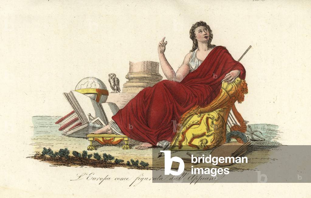 Allegorical figure of Europe seated on a throne in a purple robe with books, globe, palette, sceptre, lyre and owl