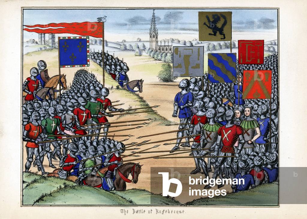 The Battle of Roosebeke (or Battle of Mount d'Or) (Flanders), 1382, between the arms of King Charles VI of France, known as the Good Aime or Le Fol (1368-1422) and the Flemish militiamen of Philip van Artevelde (1340-1382) - Lithography from the enluminated manuscript of the Chronicles (1322 to 1400) by John (Jehan) Froissen Art (1337-1404), 1868 - The battle of Rosebecque (Roosebeke) 1382 between the royal army of King Charles VI of France and Flemish militiamen commanded by Philip Van Artevelde - Handcoloured lithograph after an illuminated manuscript from Sir John Froissart's Chronicles, London, 1868