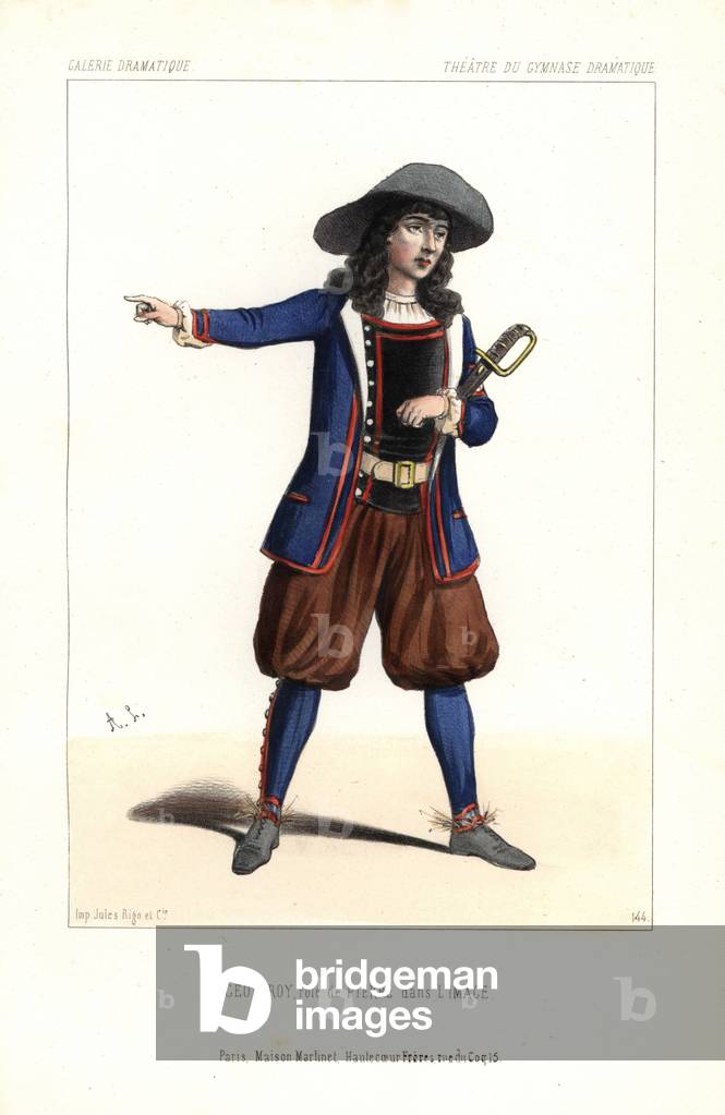 Jean-Marie Joseph Geoffroy in the role of Pierre in Eugene Scribe's L'Image, Gymnasium Dramatique, 1845. Handcoloured lithograph after an illustration by Alexandre Lacauchie from Victor Dollet's Galerie Dramatique: Costumes des Theatres de Paris, Paris, 1845.