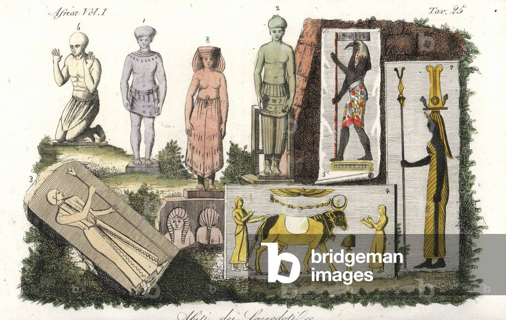 Costumes and vestments of the Egyptian priests. Handcoloured copperplate engraving by Andrea Bernieri from Giulio Ferrario's Costumes Antique and Modern of All Peoples (Il Costume Antico e Moderno di Tutti i i Popoli), 1843.