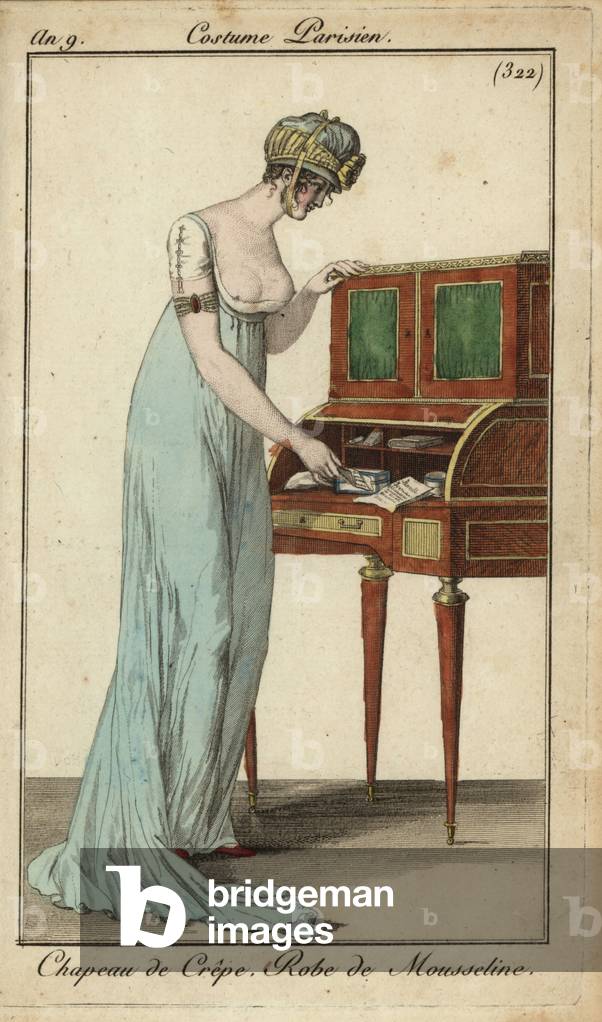 Fashionable woman or Merveilleuse at an escritoire, 1801 (handcoloured copperplate engraving)