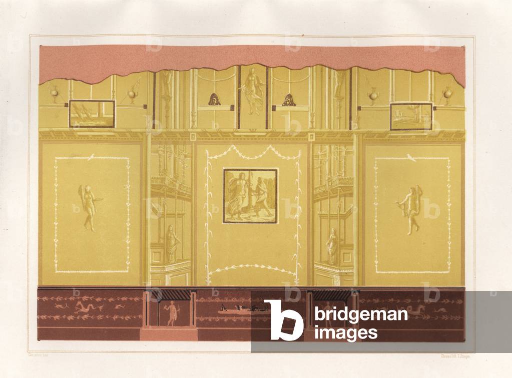 Curious wall painting in muted colours from the oecus (salon) of the Casa del Meleagro or the House of Meleager, Reg. VI, Ins. IX, No. 2. Chromolithograph by Victor Steeger after an illustration by Geremia Discanno from Emile Presuhn (1844-1878) The Most Beautiful Paintings of Pompeii, Leipzig, 1881.