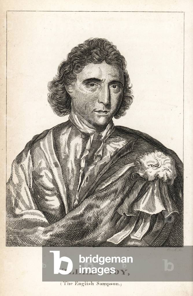 William Joy, the English Samson, strongman and performer of feats of strength, depicted in 1699 at age 24. Engraving by Cook from James Caulfield's Portraits, Memoirs and Characters of Remarkable Persons, London, 1819.