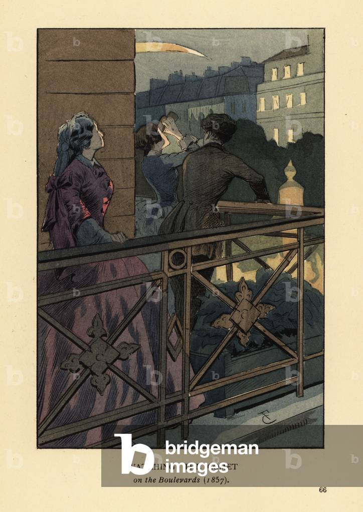 Watching the comet on the Boulevards in 1857, 1898 (litho)