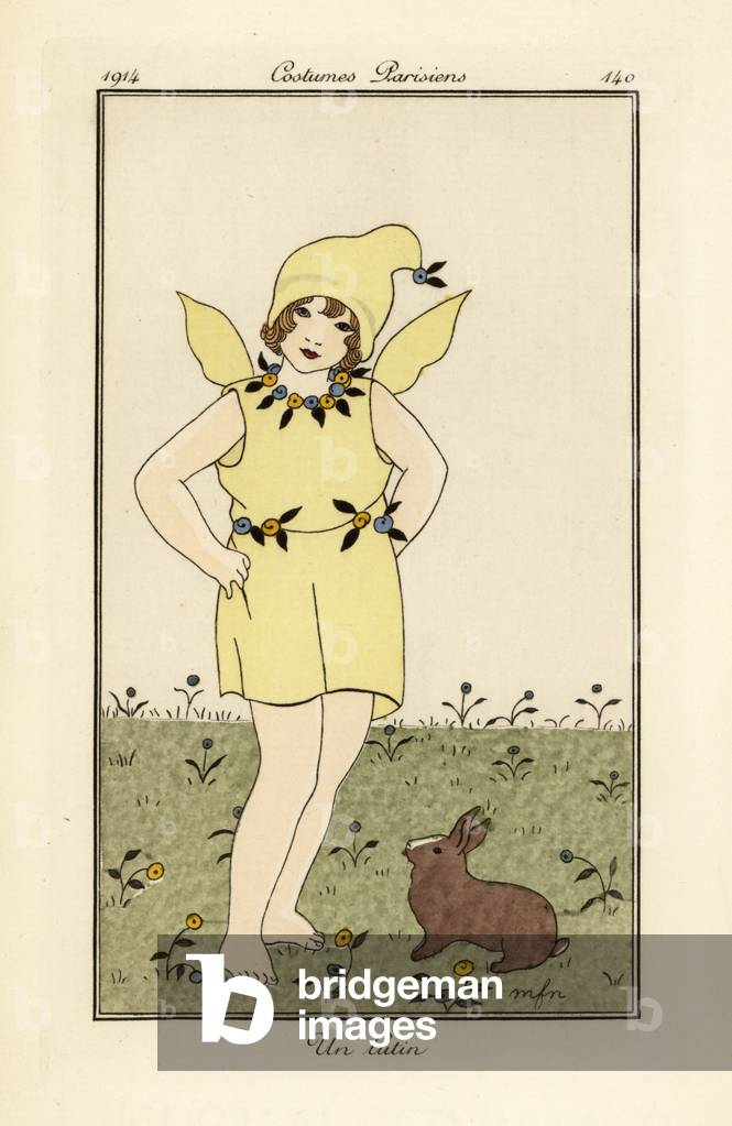 Little girl in yellow dress as an imp or fairy.