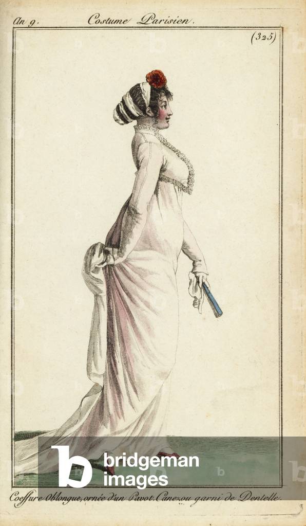 Fashionable woman in an oblong headdress, 1801 (handcoloured copperplate engraving)