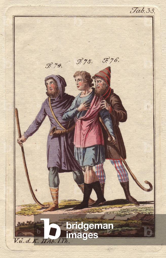 Three low-class Danes. One of which carries a stick (Figure 74)), symbol of the judiciary. Hand-coloured copper engraving, in “Images historiques des costumes des principaux peuples de l'Antiquite et du Middle Ages” by Robert Von Spalart, published in 1796.