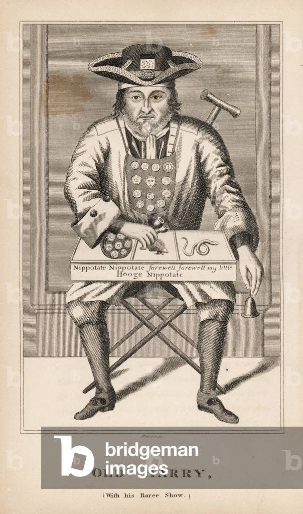 Old Harry with his Raree Show. He attracted customers with a bell and showed a cabinet of curiosities including a snake, a flea, and Nippotate a tame hedgehog for a farthing. Engraving by R. Grave from James Caulfield's Portraits, Memoirs and Characters of Remarkable Persons, London, 1819.