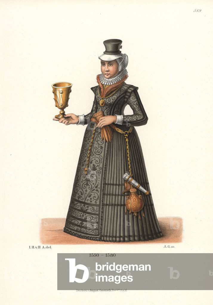 Swiss burger woman from the mid 16th century, holding a chalice. From a coloured pen and ink drawing, probably for a stainless-glass coat of arms. Chromolithograph from Hefner-Alteneck's Costumes, Artworks and Appliances from the Middle Ages to the 17th Century, Frankfurt, 1889. Illustration by Dr. Jakob Heinrich von Hefner-Alteneck, lithographed by A.G. Dr. Hefner-Alteneck (1811-1903) was a German museum curator, archaeologist, art historian, illustrator and etcher.